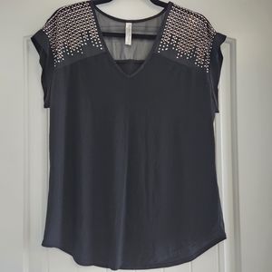 PerSeption Black Rhinestone Studded Shoulder Blouse Top 💖